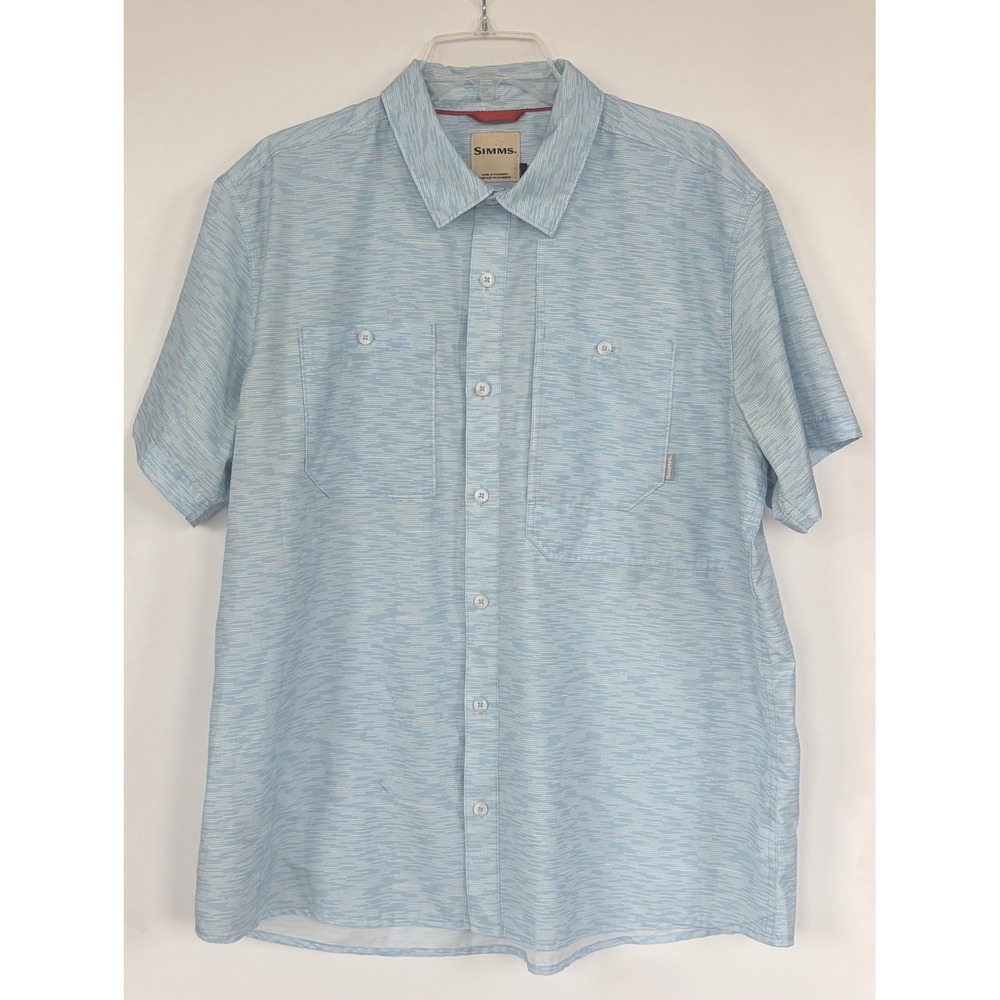 Simms Mens XL Blue Heathered Fishing Shirt Performance Short Sleeve Button Down